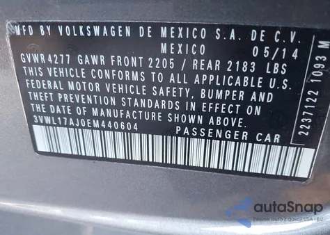 2014 Volkswagen Jetta 1.8T Sel z USA, uszkodzony, nr VIN 3VWL17AJ0EM440604